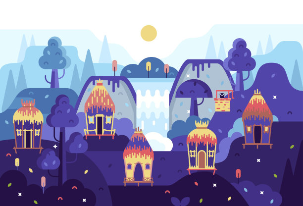 有茅草屋顶的古老泥屋。平面卡通全景图图片下载