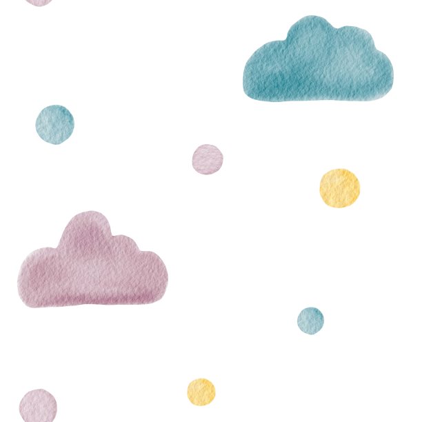 可爱的水彩无缝模式的粉红色和蓝色云彩与彩色的气泡在白色的背景。美丽的背景在柔和的颜色。图片下载