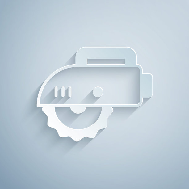 切割纸与钢齿圆盘图标隔离在灰色背景上的电动圆锯。用于切割木头或金属的电动手动工具。纸艺术风格。向量图片下载