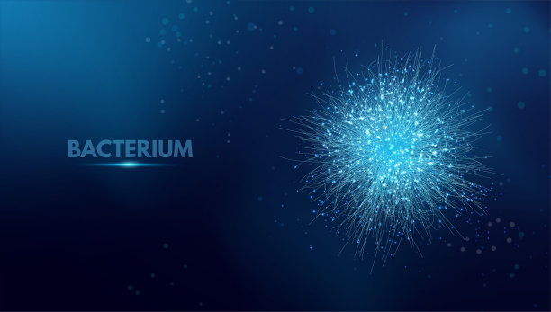 细菌。载体抽象显微医学插图蓝色细菌类型，病毒或孢子关闭在黑暗的背景。
科学、技术、医学的概念。矢量插图。图片下载