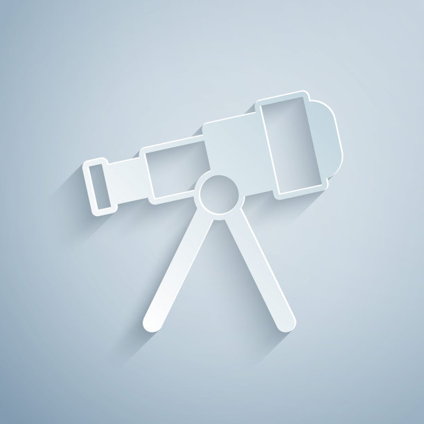 剪纸望远镜图标孤立在灰色背景。科学的工具。教育和天文学元素，望远镜和研究恒星。纸艺术风格。向量图片下载