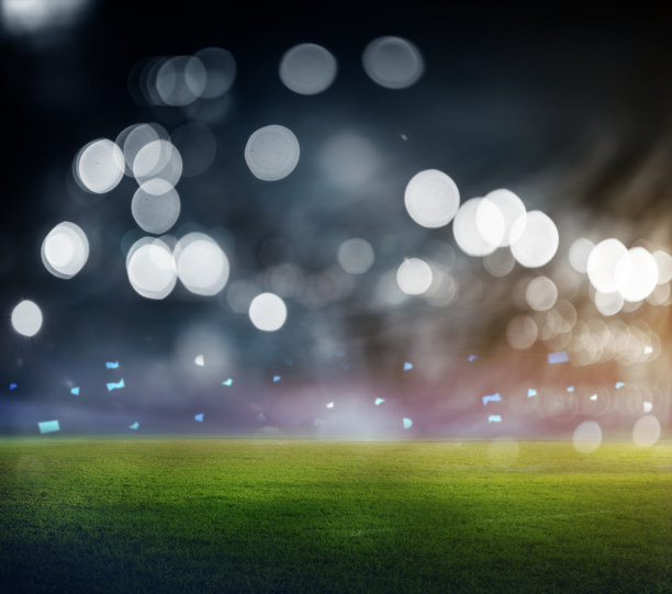 有照明的足球场，绿色的草地和夜空。三维渲染图片下载