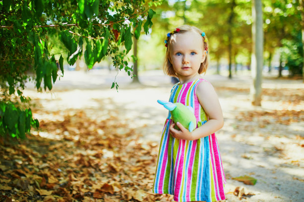 可爱的蹒跚学步的女孩在一个阳光明媚的夏天户外玩图片下载