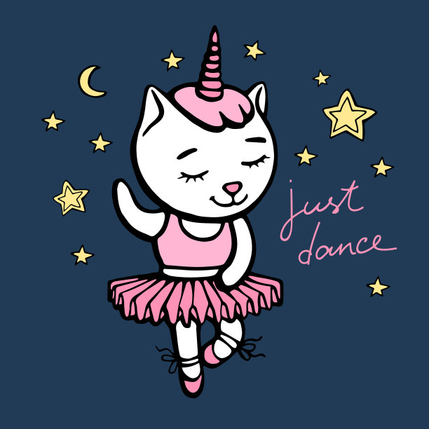 可爱的白色跳舞猫独角兽与角在黑暗图片下载