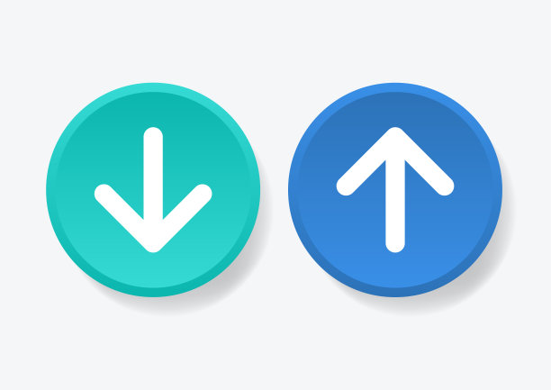 矢量插图。矢量向下和向上的箭头图标设置简单的圆形形状的互联网按钮在白色的背景。图片下载