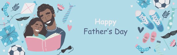 父亲节海报或横幅模板与领带和礼盒在蓝色的背景。非裔美国人的女儿和爸爸。向量的促销模板。图片下载