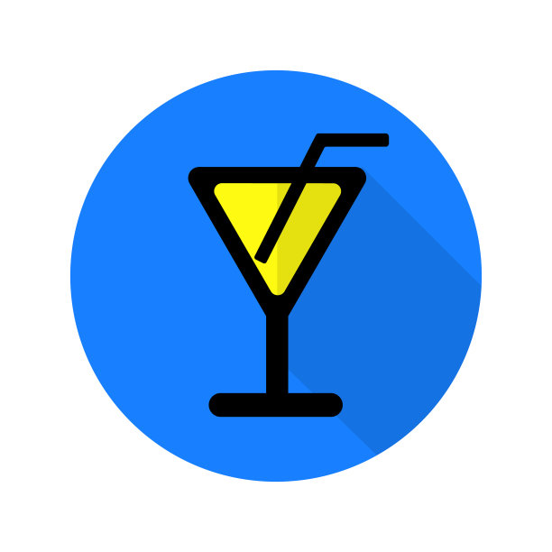 平面图标矢量与阴影效果在明亮的蓝色和黄色马提尼鸡尾酒杯的概念酒吧。孤立在白色背景上。社交媒体图标。图片下载