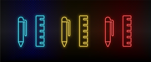 霓虹灯图标几何测量尺设置为红色图片下载