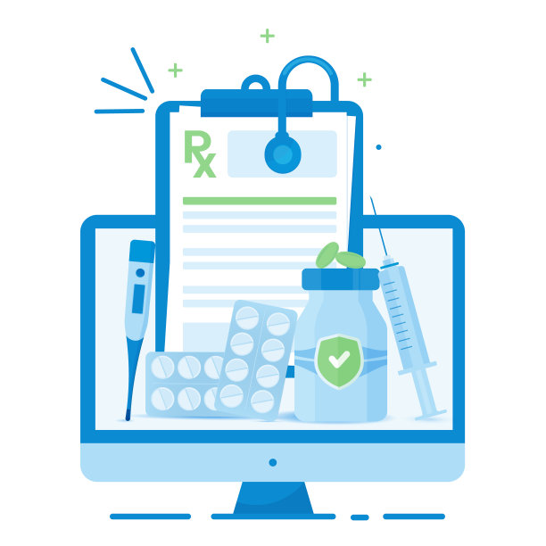 处方药物的说明。在线咨询，远程预约医生。处方表一种带有文件和药物(如注射器、药丸和体温测量仪)的处方表格平面设计。图片下载