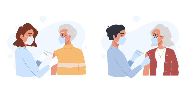 接种疫苗,免疫的概念。集医生、护士、儿科医生为人群、成人、儿童、老年患者接种疫苗。医疗办公室、实验室。医护人员戴口罩，戴手套，带注射器图片下载