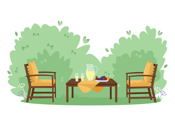 天井区域平面矢量插图。房子后院有绿色的草草坪，树木和灌木丛。卡通桌椅花园现代家具。户外装饰庭院烧烤夏季聚会图片下载
