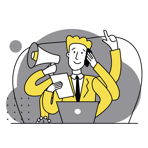 一个能同时处理多项任务的快乐商人坐在他的笔记本电脑前。自由工作者。多手的比喻。多任务处理，时间管理和生产力的概念。平坦的插图。图片下载