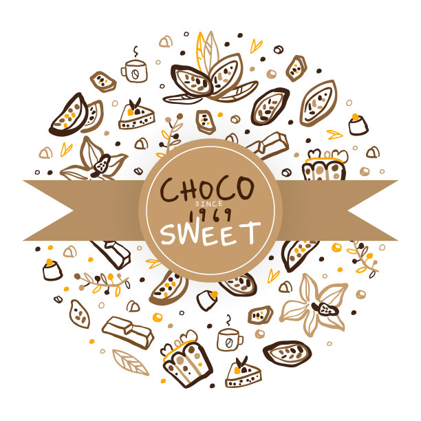 巧克力甜蜜的旗帜模板，美味的甜点海报，卡片，飞行与可可豆和糖果无缝模式手绘矢量插图图片下载