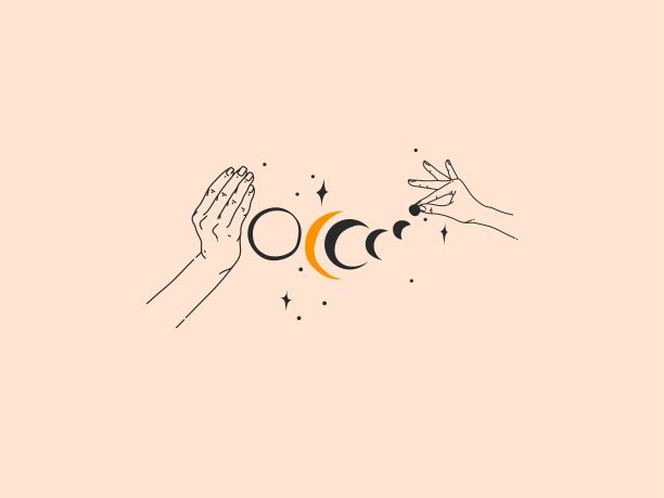 手绘矢量抽象股票平面图形插图与标志元素，女性时尚魔术线艺术手触摸月亮和星星在简单的风格为品牌，孤立的颜色背景图片下载