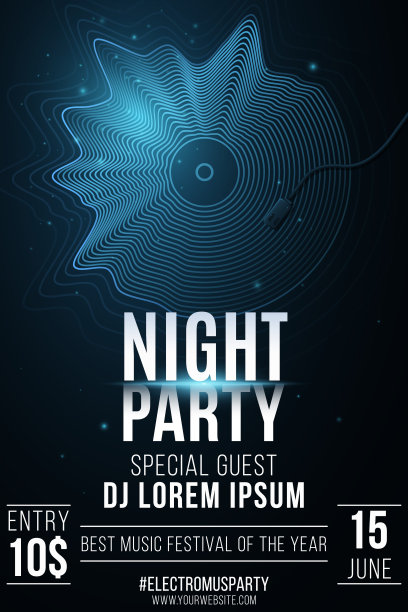 晚上聚会传单。由发光的抽象波浪形状制成的复古音乐盘。跳舞的邀请。俱乐部和DJ的名字。矢量插图。图片下载