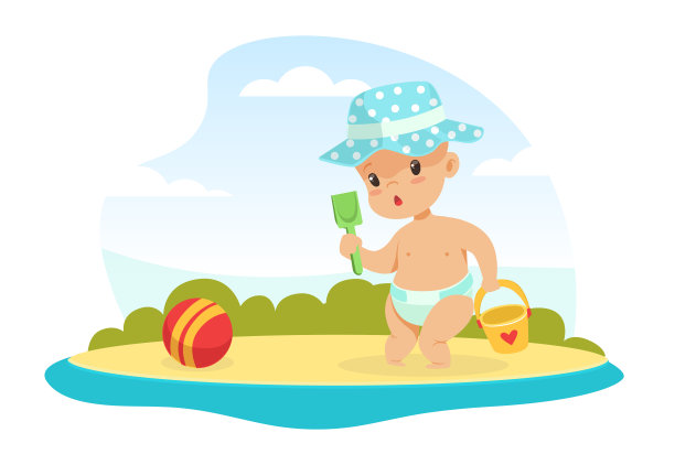 可爱的婴儿在阳光明媚的一天在沙滩上玩沙子矢量插图图片下载