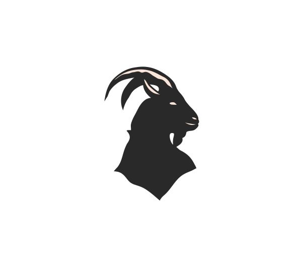 手绘矢量抽象股票平面图形插图与标志元素的魔术山羊头剪影艺术在品牌的简单风格，孤立在白色的背景图片下载