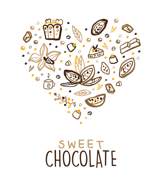 甜巧克力横幅模板，美味的巧克力甜点海报，与可可豆和糖果无缝图案的心形矢量插图卡图片下载