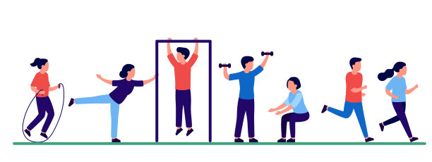 人们一起在大自然中运动，积极锻炼，健身，跑步，户外活动。男女训练、慢跑、伸展身体、跳绳。人们的休闲活动。向量图片下载