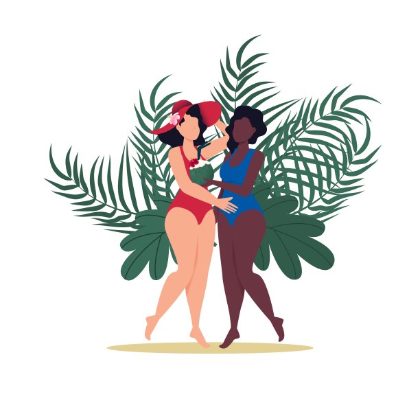 身着泳装的女子在热带海滩上度假。图片下载