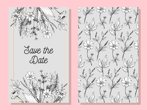 美丽的卡片与不同的鲜花的复古花园的圆形花环。黑色和白色框架的玫瑰，绣球花和狗玫瑰在薄荷背景。矢量图图片下载