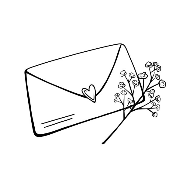 带小枝的纸信封。线性的形象。图片下载