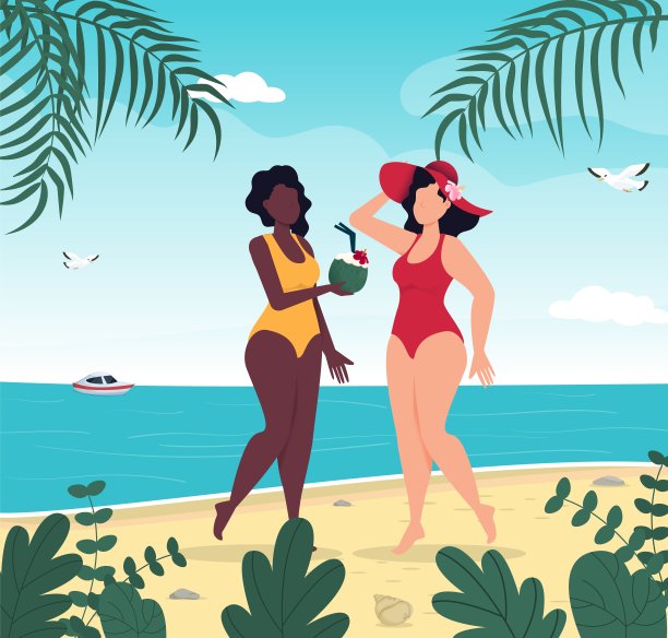 身着泳装的女子在热带海滩上度假。图片下载