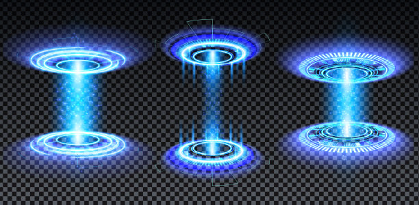 蓝色全息图传送门。神奇的幻想门户。幻圈传送平台与全息效果。矢量蓝色辉光与火花的透明背景图片下载