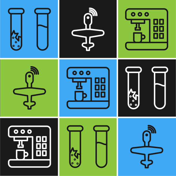 试管和烧瓶，咖啡机和无人机图标。向量图片下载