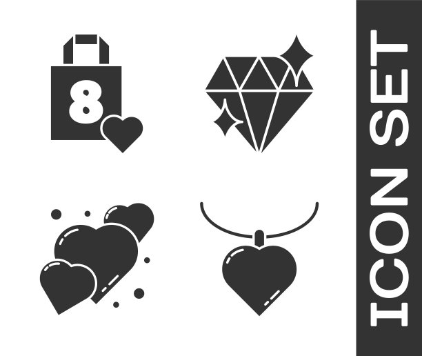 项链与心形垂饰，购物袋与心，心和钻石图标。向量图片下载