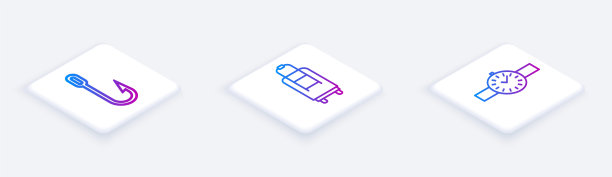 钓鱼钩、手提箱、手表等。白色正方形按钮。向量图片下载