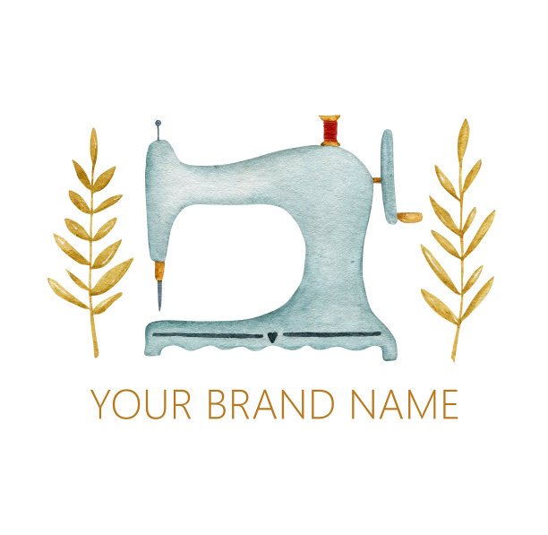 水彩绿松石缝纫机与树枝隔离在白色的背景。理想的标志，一个缝纫工作室，裁缝，裁缝。图片下载