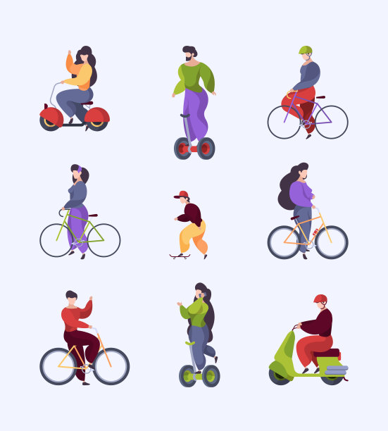 城市交通：骑摩托车、电动滑板车等载具的行人图片下载