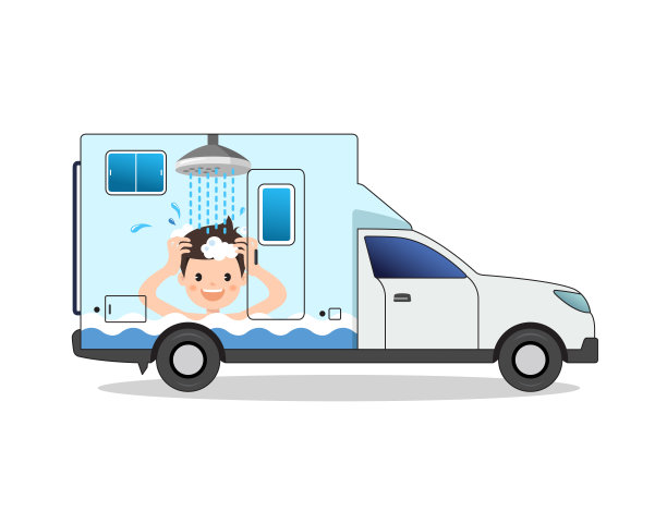淋浴者绘制了便携式浴车矢量插图图片下载