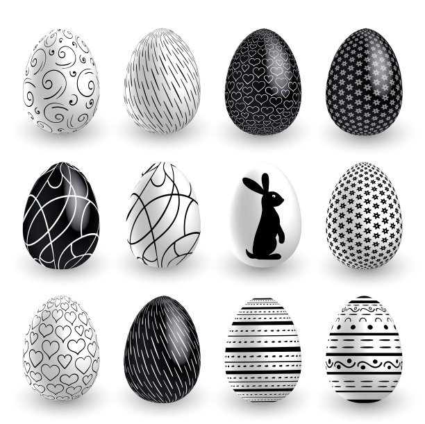 白色背景上的黑色白色复活节彩蛋图片下载