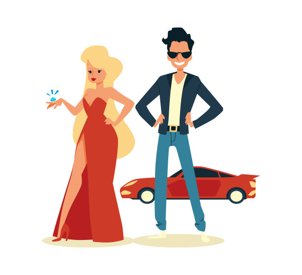 富有和著名的夫妇在前豪华轿车，平面矢量插图孤立。图片下载
