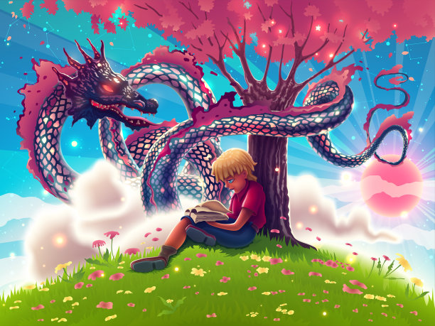 幻想日本龙和小男孩在树下读有趣的书。中国或亚洲飞蛇在魔法花园和梦想的孩子。高详细的彩色夏季矢量插图。图片下载