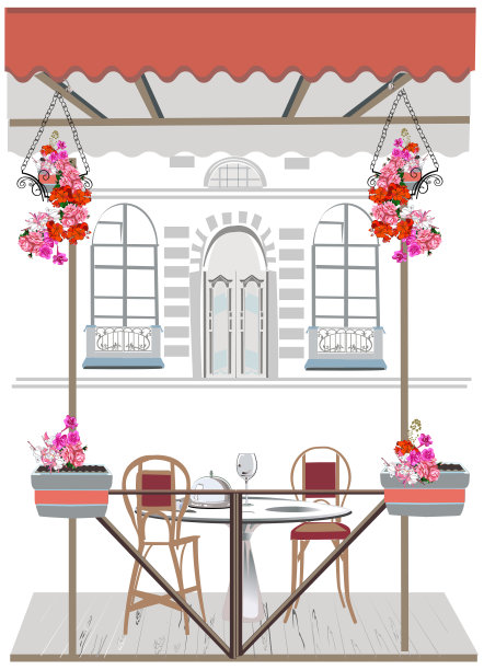 用鲜花装饰的系列背景，老城区的景色和街道咖啡馆。图片下载