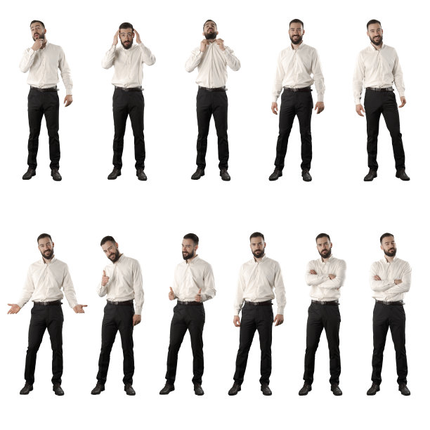 套商务人士为工作准备发型和胡须然后眨眨眼睛指着自信图片下载