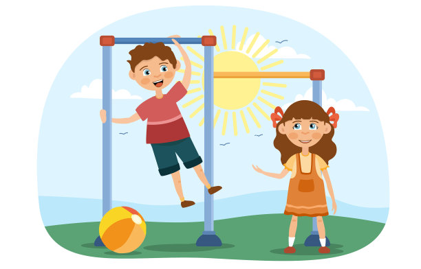 小女孩和小男孩在单杠上玩图片下载