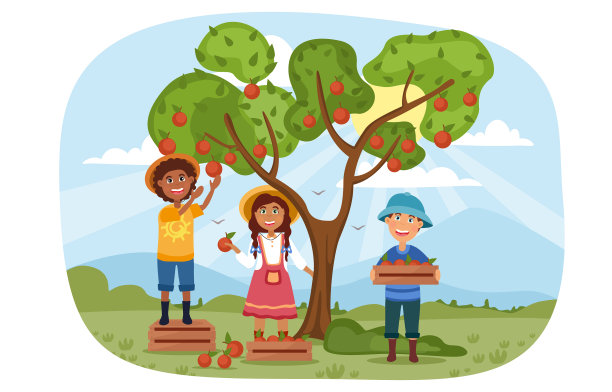 三个小孩在帮着摘苹果图片下载