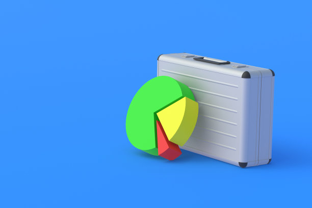 金属手提箱附近的饼图。银行系统分析。营销的计算。财务检查、审计结果。商业活动报告。预算分配。副本的空间。三维渲染图片下载