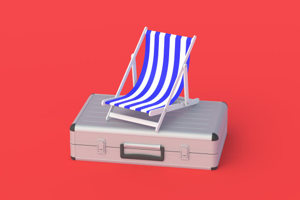 手提箱靠近条纹沙滩椅。投资旅游业务。暑假。为旅游公司投资。三维渲染图片下载