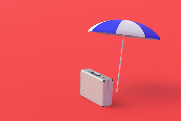 手提箱附近条纹沙滩伞。投资旅游业务。暑假。为旅游公司投资。副本的空间。三维渲染图片下载