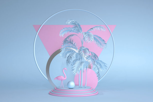 时尚夏季热带粉彩三维构成抽象风格。粉红色的火烈鸟。图片下载