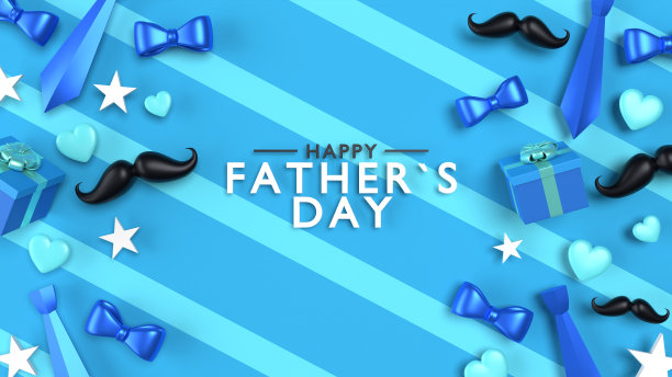 快乐的父亲节贺卡横幅或飞行心领带和胡子的传单图片下载