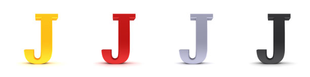 J字母标志金红色银黑色字母文本大写字母3d渲染图形隔离在白色背景高分辨率打印和演示图片下载