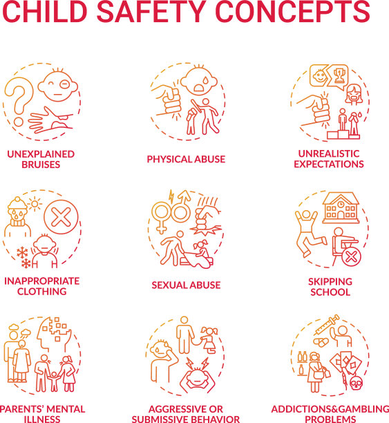 儿童安全红色渐变概念图标集图片下载