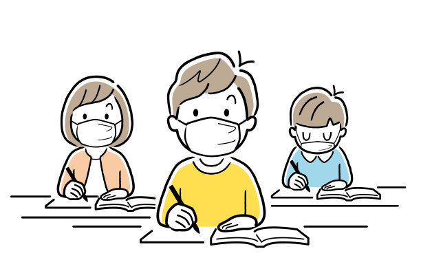 矢量插图材料:小学男孩戴着面具上课图片下载