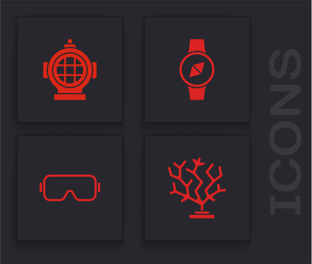 设置珊瑚潜水指南针和潜水面具图标图片下载